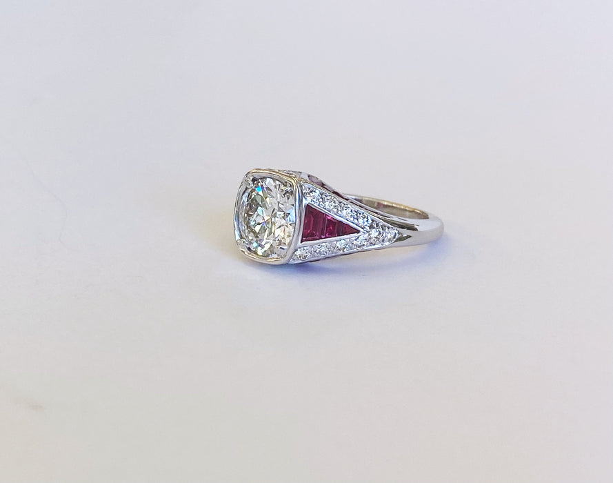 Vintage Inspired Diamond and Ruby Platinum Ring