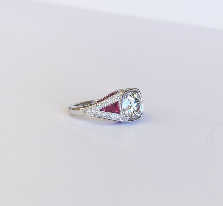 Vintage Inspired Diamond and Ruby Platinum Ring