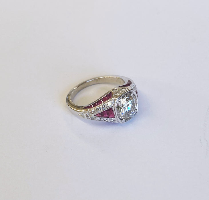 Vintage Inspired Diamond and Ruby Platinum Ring