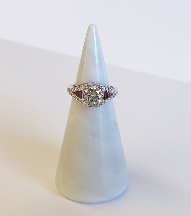 Vintage Inspired Diamond and Ruby Platinum Ring