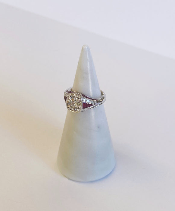 Vintage Inspired Diamond and Ruby Platinum Ring