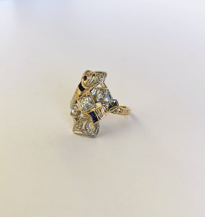Art Deco White and Yellow Gold Sapphire and Diamond Ring