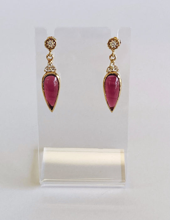 Vintage Cabochon Pink Tourmaline and Rose cut Diamond Dangle Earrings