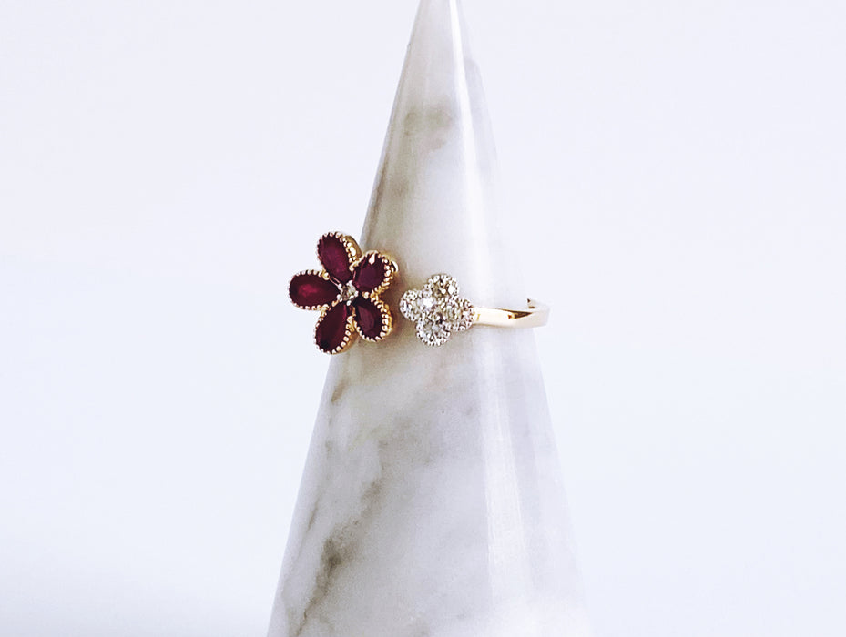 Ruby and Diamond Flower Cuff Ring