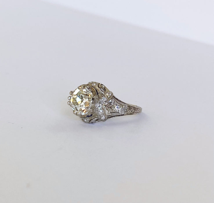 1.78ct European cut Diamond Antique Ring with Sapphire Accent