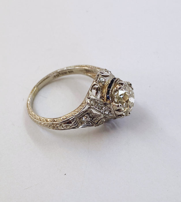 1.78ct European cut Diamond Antique Ring with Sapphire Accent