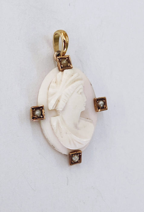 Victorian Pink Coral Cameo and Seed Pearl Pendant