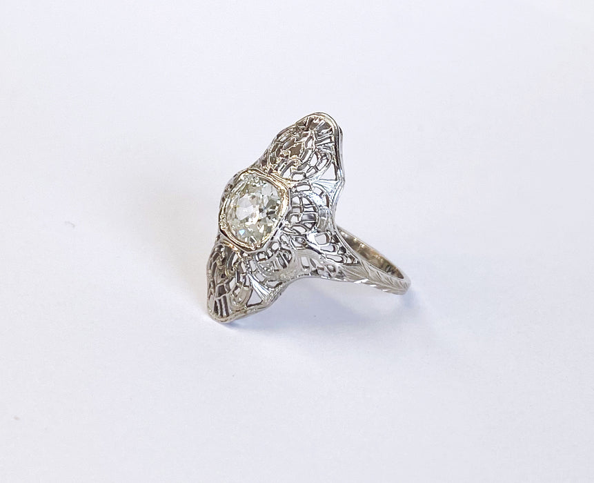 0.80 carat Mine Cut Long Filigree Ring in 18K White Gold