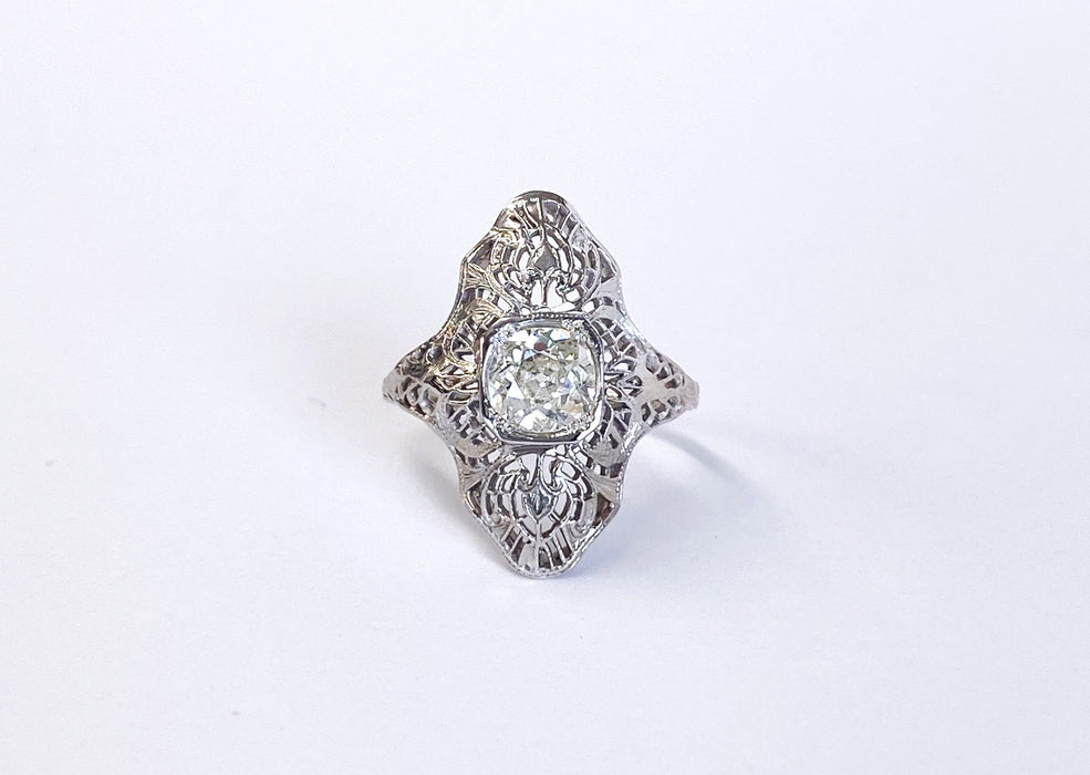 0.80 carat Mine Cut Long Filigree Ring in 18K White Gold
