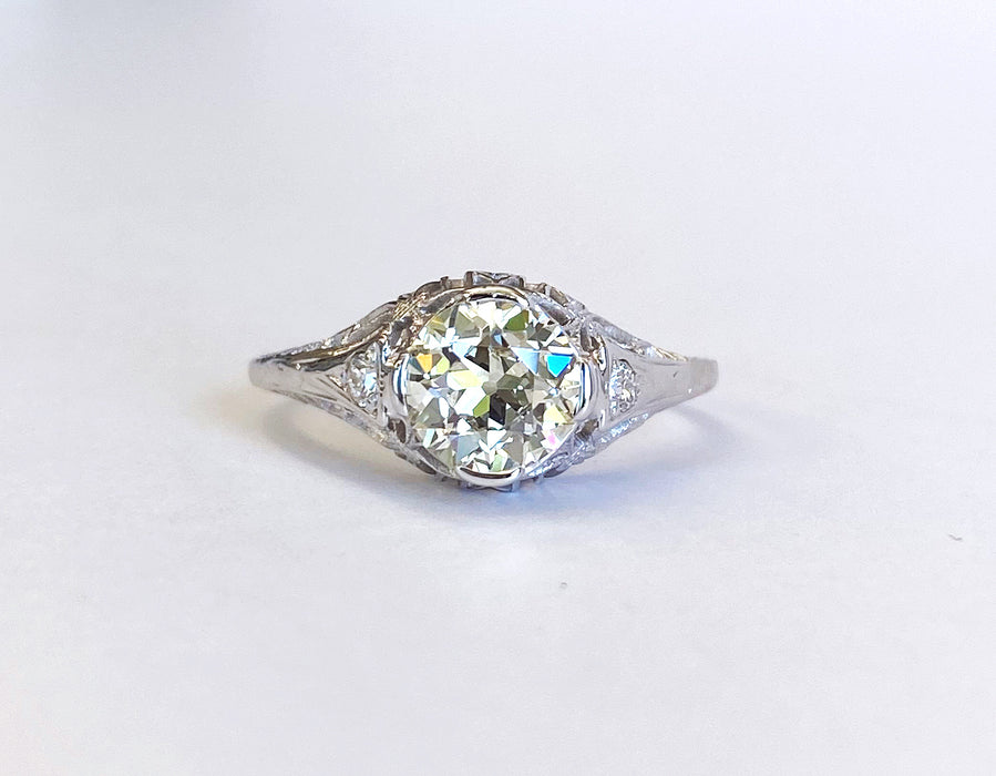 1.24 carat Filigree Art Deco Ring in 18k White Gold, Circa 1920's