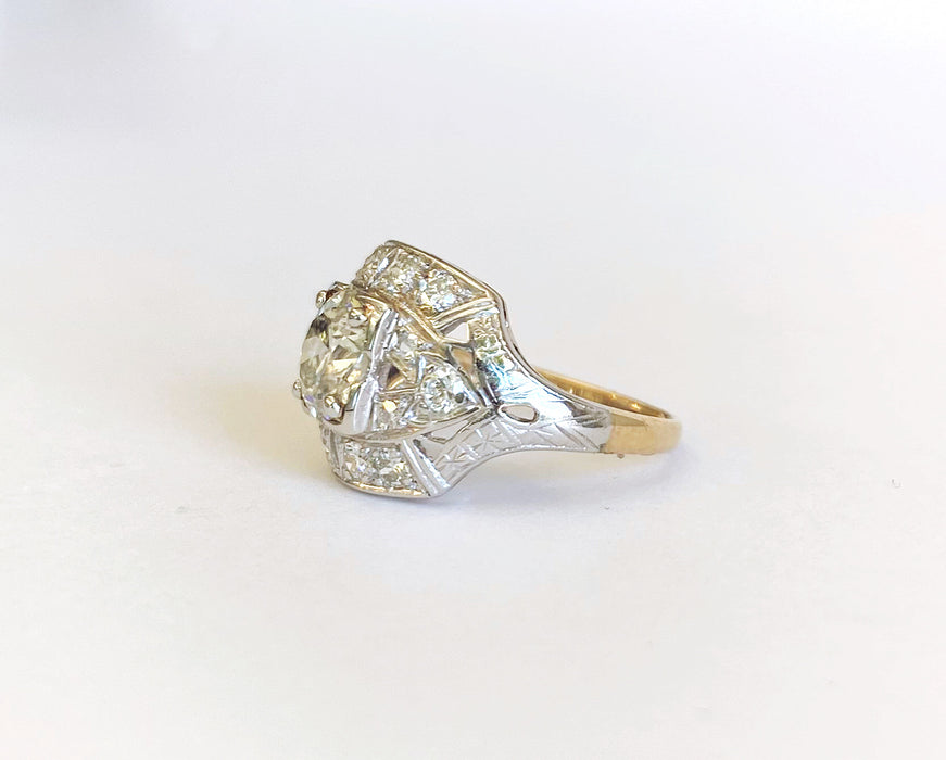 1.06 carat Center Mid Century Platinum and 14k Yellow Gold Diamond Ring