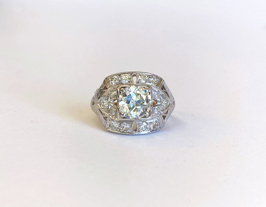 1.06 carat Center Mid Century Platinum and 14k Yellow Gold Diamond Ring
