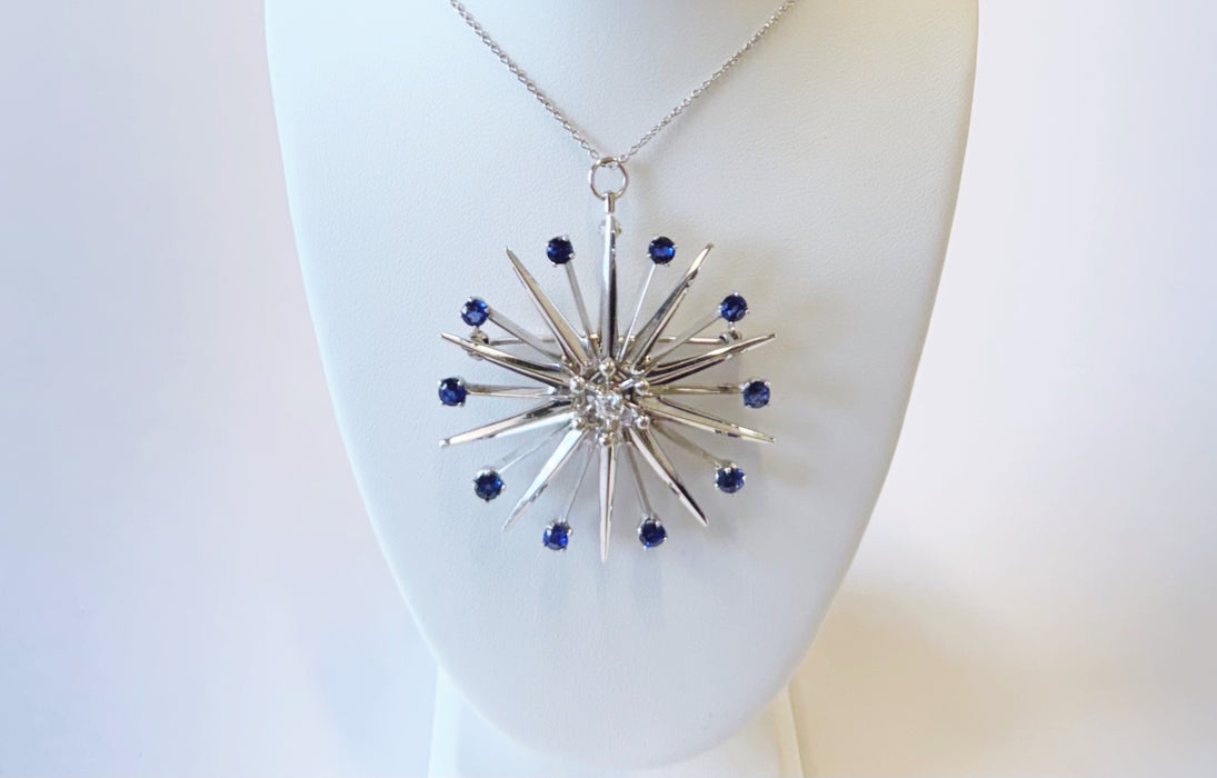 Mid Century Sapphire Starburst Pendant Brooch