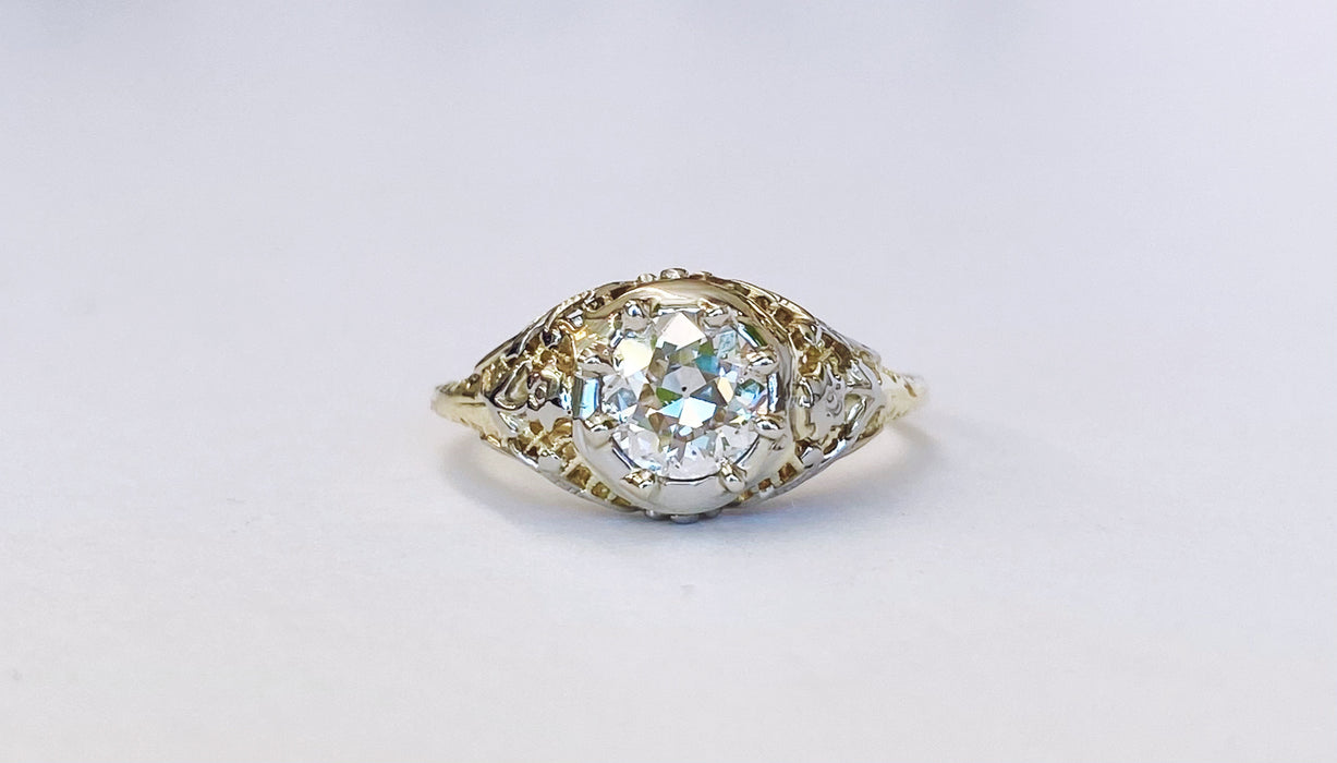 Two Tone Filigree Art Deco European Cut Diamond Ring