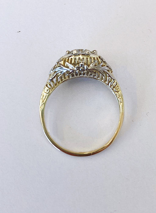 Two Tone Filigree Art Deco European cut Diamond Ring