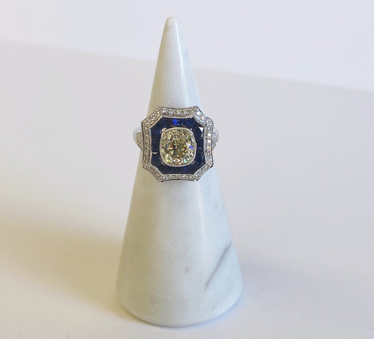 Custom 2.34 carat Antique Cushion Diamond and Sapphire Ring