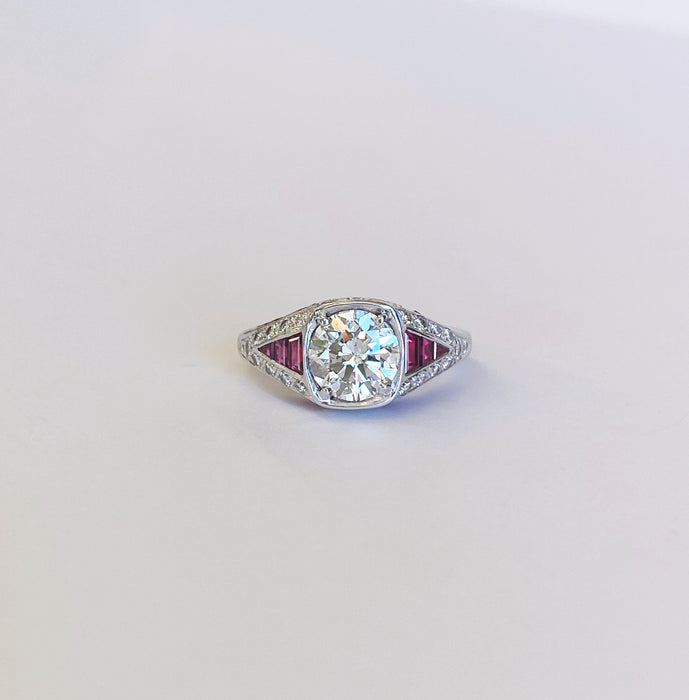Vintage Inspired Diamond and Ruby Platinum Ring