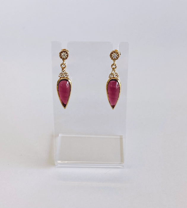 Vintage Cabochon Pink Tourmaline and Rose cut Diamond Dangle Earrings