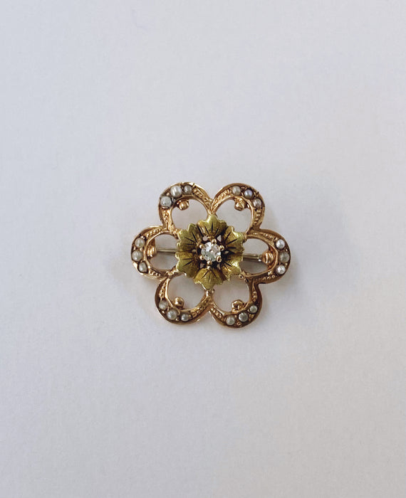 Victorian Diamond and Seed Pearl Rose and Green Gold Brooch