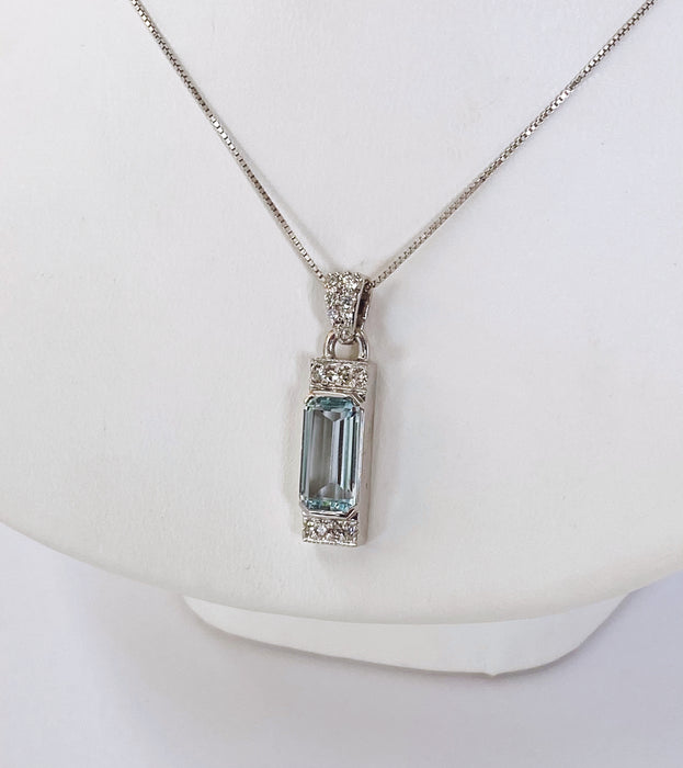 Emerald cut Aquamarine and Diamond  Pendant