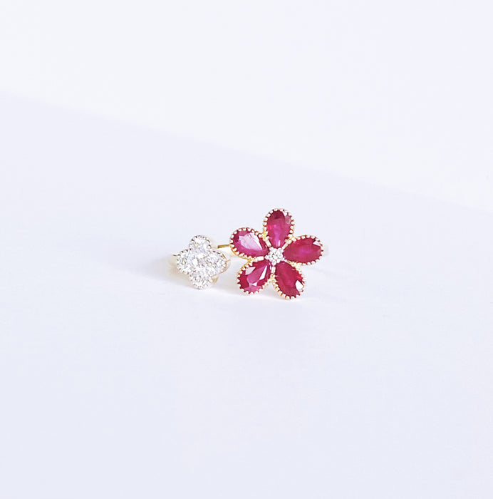Ruby and Diamond Flower Cuff Ring
