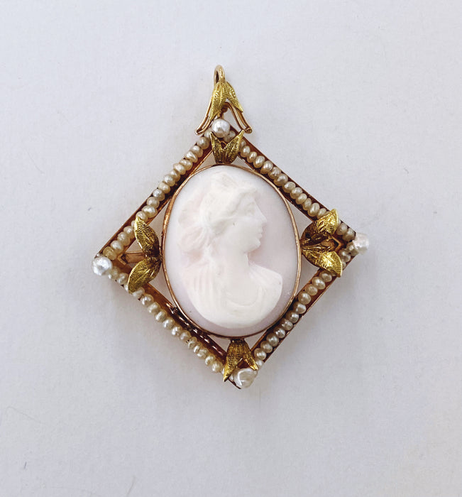 Coral Cameo Framed in Seed Pearls Green Gold Leaf Accent Pin/Pendant