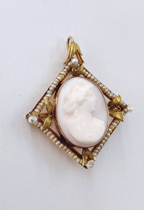 Coral Cameo Framed in Seed Pearls Green Gold Leaf Accent Pin/Pendant