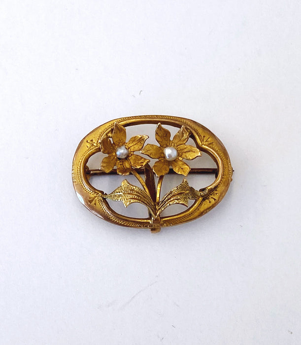 Gold-filled Two Flowers with Seed Pearls Watch Pin, Victorian
