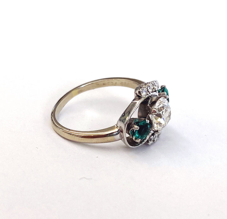Retro Emerald and Diamond 3 Stone Ring