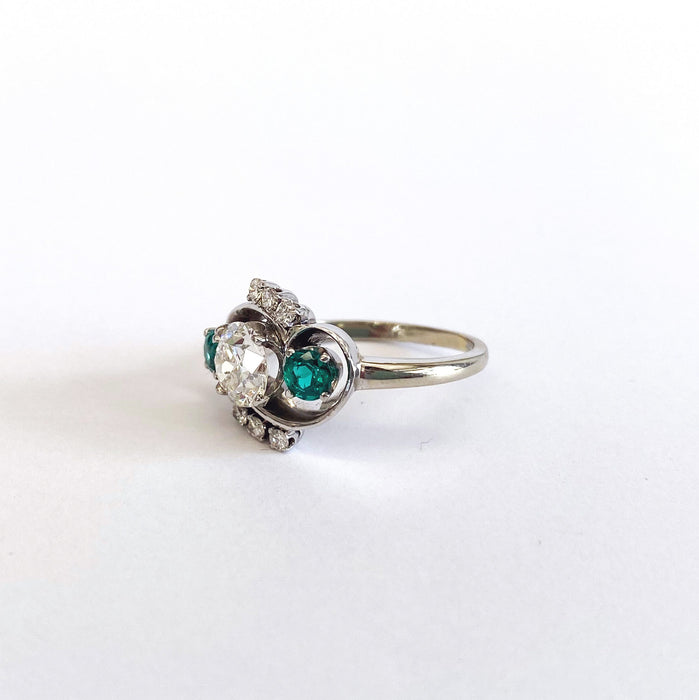 Retro Emerald and Diamond 3 Stone Ring