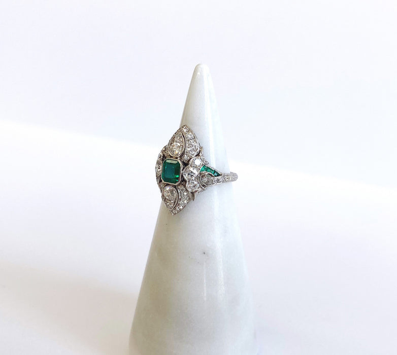 Platinum Art Deco Emerald and Diamond Ring