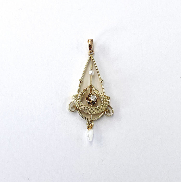 0.03 carat Water Drop and Seed Pearl Pendant in 10k Yellow Gold, Victorian