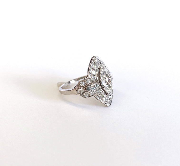 0.95 carat Center Marquise Diamond Ring in Platinum, Mid-Century