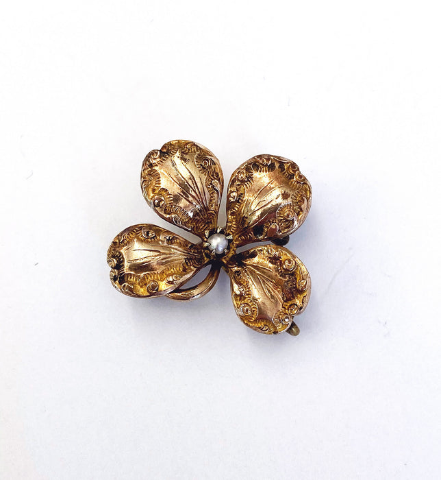 Gold-filled Seed Pearl Four-Leaf Clover Watch Pin, Victorian